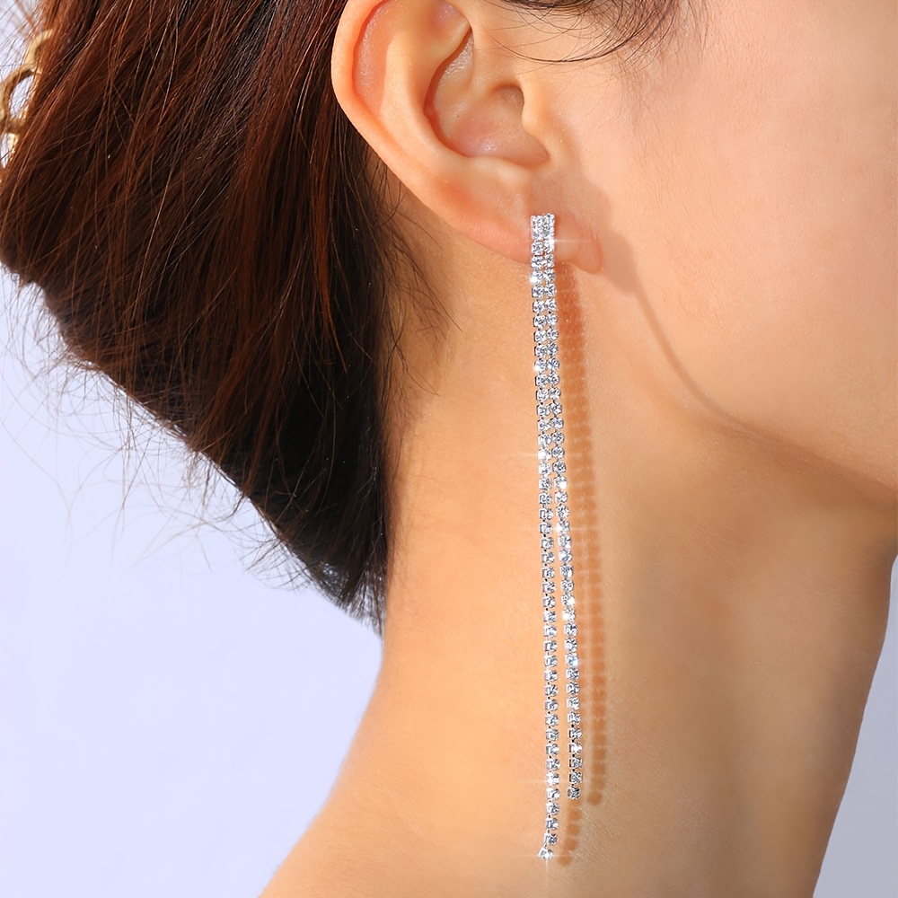 Korean Style Long Rhinestone Tassel Earrings, Fashion Accessory